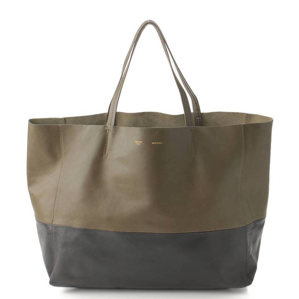 Celine Horizontal Cabas Leather Bicolor Tote Bag Khaki Green Black